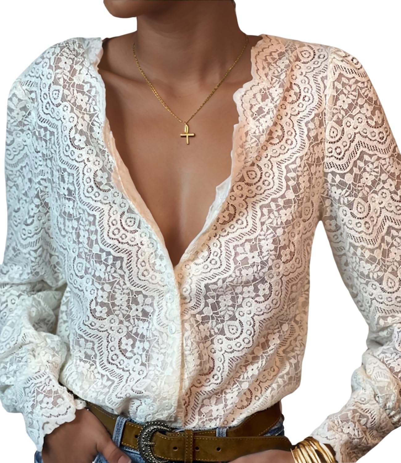 LUXVEER Chic Lace V-Neck Blouse for Women - Ivory